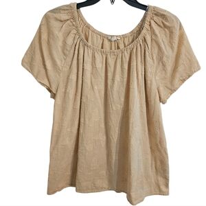 Grand & Greene Butterfly Beige Tan Short Sleeve Blouse 100% Cotton Sz L